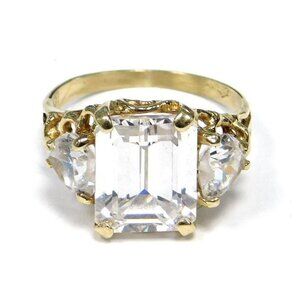 Vintage 10K Gold Emerald-Cut Three-Stone Cocktail Ring Size 7.5 (5.1 grams)